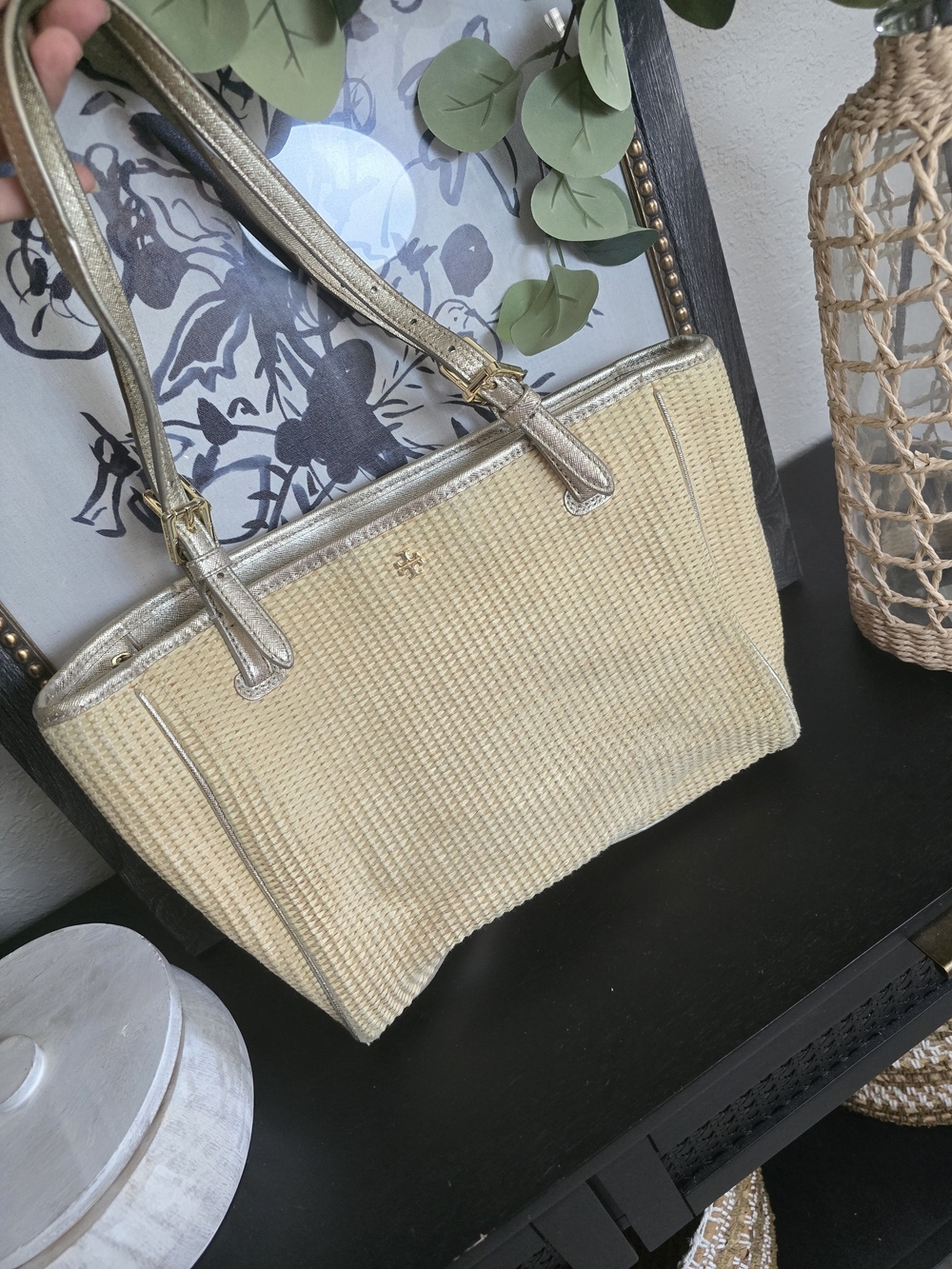 Tory Burch York Buckled Natural Woven Straw Tote Bag Gold Leather Straps Handbag